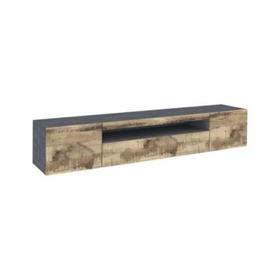 Meuble TV Dmarso, Buffet bas de salon avec 3 portes, Base pour meuble TV, 200x40h37 cm, Ardoise et Erable, avec lumière LED