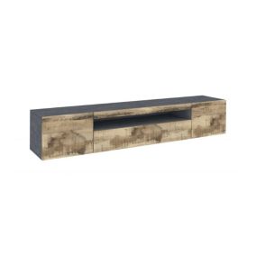 Meuble TV Dmarso, Buffet bas de salon avec 3 portes, Base pour meuble TV, 200x40h37 cm, Ardoise et Erable, avec lumière LED