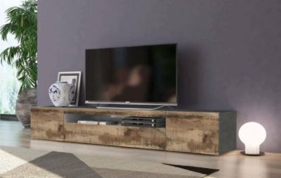 Meuble TV Dmarso, Buffet bas de salon avec 3 portes, Base pour meuble TV, 200x40h37 cm, Ardoise et Erable, avec lumière LED