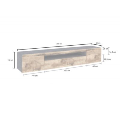 Meuble TV Dmarso, Buffet bas de salon avec 3 portes, Base pour meuble TV, 200x40h37 cm, Ardoise et Erable, avec lumière LED