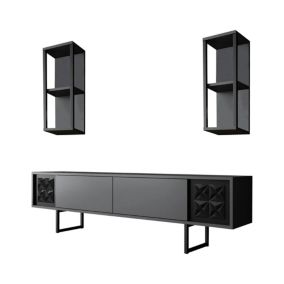 Meuble TV Dmiggian, Buffet de salon, Armoire basse pour TV, Base murale de rangement, 180x30h48 cm, Anthracite et Noir