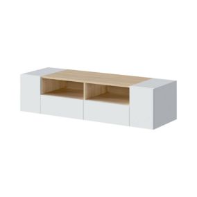 Meuble TV Dmolino, Buffet télévision de salon, Meuble TV moderne, Buffet bas polyvalent, 138x42h36 cm, Blanc et Chêne