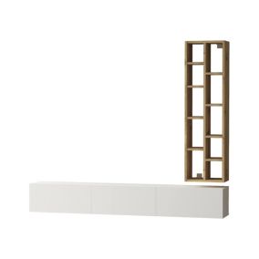 Meuble TV Dnegrett, Buffet de salon, Armoire basse pour TV, Base murale de rangement, 175x27h25 cm, Chêne et Blanc