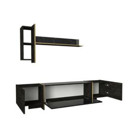 Meuble TV Dpascutt, Buffet de salon, Armoire basse pour TV, Base murale de rangement, 180x32h45 cm, Noir et Or