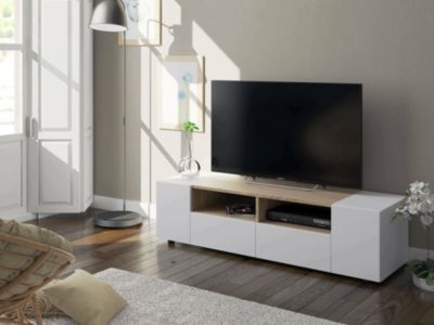 Meuble TV Ebe, Buffet télévision de salon, Meuble TV moderne, Buffet bas polyvalent, 138x42h36 cm, Blanc et Chêne