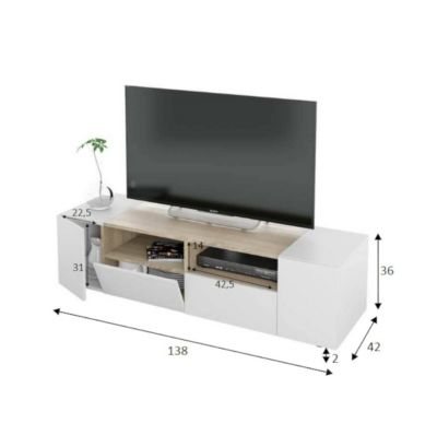 Meuble TV Ebe, Buffet télévision de salon, Meuble TV moderne, Buffet bas polyvalent, 138x42h36 cm, Blanc et Chêne