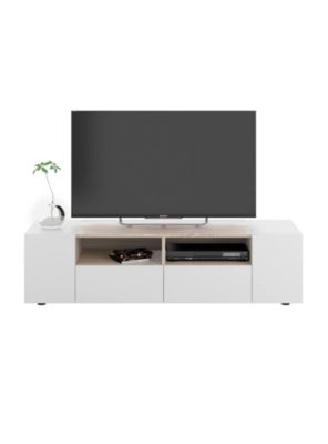Meuble TV Ebe, Buffet télévision de salon, Meuble TV moderne, Buffet bas polyvalent, 138x42h36 cm, Blanc et Chêne