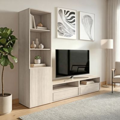 Meuble TV effet chêne 1 porte et 2 tiroirs GoodHome Atomia H. 187,5 x L. 200 x P. 47 cm