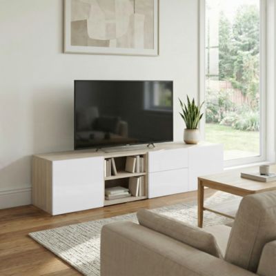 Meuble TV effet chêne avec portes blanches brillantes GoodHome Atomia H. 37,5 x L. 150 x P. 37 cm