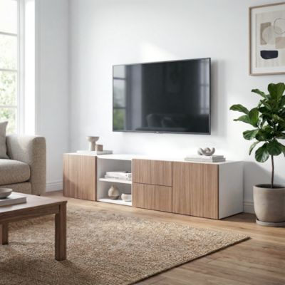 Meuble TV effet chêne et blanc avec 2 tiroirs et 2 portes GoodHome Atomia H. 37 x L. 150 x P. 45 cm