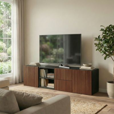Meuble TV effet noyer et noir avec 2 tiroirs et 2 portes H.37 x L.150 x P.35 cm, GoodHome Atomia