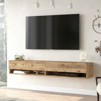 Meuble TV Eirene, Buffet de salon, Armoire basse pour TV, Base murale de rangement, 180x32h29 cm, Chêne