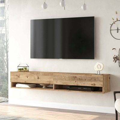 Meuble TV Eirene, Buffet de salon, Armoire basse pour TV, Base murale de rangement, 180x32h29 cm, Chêne