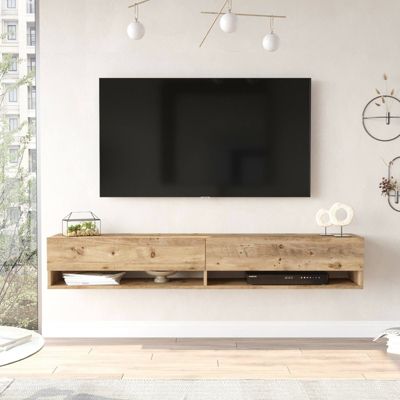 Meuble TV Eirene, Buffet de salon, Armoire basse pour TV, Base murale de rangement, 180x32h29 cm, Chêne