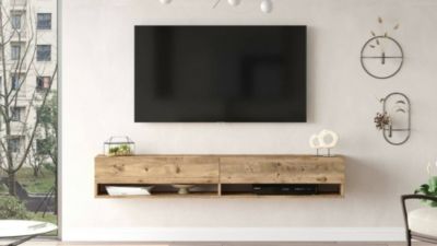 Meuble TV Eirene, Buffet de salon, Armoire basse pour TV, Base murale de rangement, 180x32h29 cm, Chêne