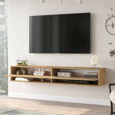 Meuble TV Eirene, Buffet de salon, Armoire basse pour TV, Base murale de rangement, 180x32h29 cm, Chêne