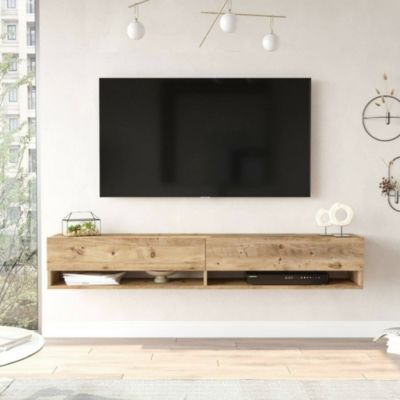Meuble TV Eirene, Buffet de salon, Armoire basse pour TV, Base murale de rangement, 180x32h29 cm, Chêne