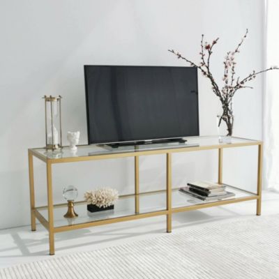 Meuble TV Electra, Buffet de salon, Armoire basse pour TV, Base murale de rangement, 130x40h45 cm, Or