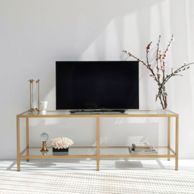 Meuble TV Electra, Buffet de salon, Armoire basse pour TV, Base murale de rangement, 130x40h45 cm, Or