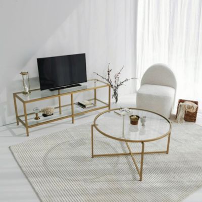 Meuble TV Electra, Buffet de salon, Armoire basse pour TV, Base murale de rangement, 130x40h45 cm, Or