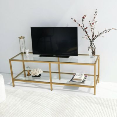 Meuble TV Electra, Buffet de salon, Armoire basse pour TV, Base murale de rangement, 130x40h45 cm, Or