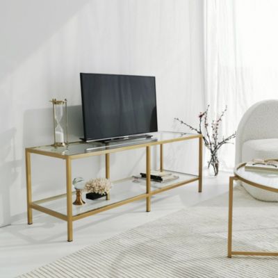 Meuble TV Electra, Buffet de salon, Armoire basse pour TV, Base murale de rangement, 130x40h45 cm, Or