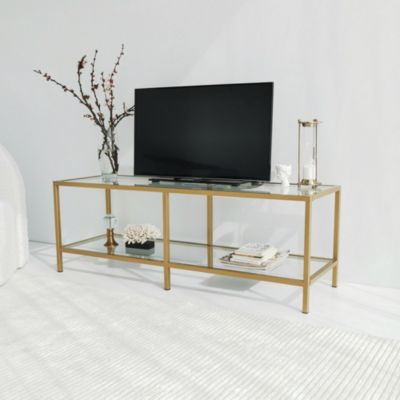 Meuble TV Electra, Buffet de salon, Armoire basse pour TV, Base murale de rangement, 130x40h45 cm, Or