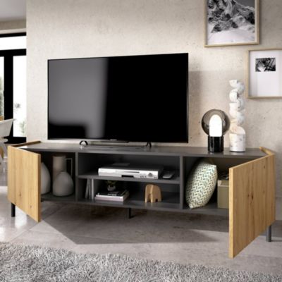 Meuble TV Emet, Buffet bas de salon, Buffet de salon pour télévision, 161x35h45 cm, Chêne noué et Anthracite