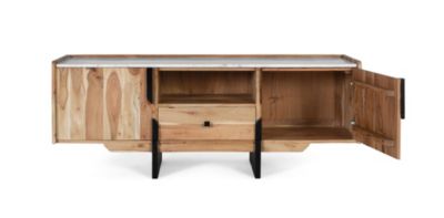 Meuble TV en acacia massif avec plateau en marbre blanc
