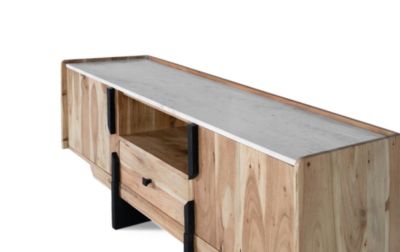 Meuble TV en acacia massif avec plateau en marbre blanc