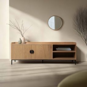 Meuble TV en acier et MDF décor mélaminé 150 cm beige  Oviala