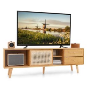 Meuble TV en Bambou 2 Tiroirs 4 Compartiments Banc TV à 5 Pieds 2 Portes Coulissantes en Rotin Style Bohême Naturel 140x31x45,5cm