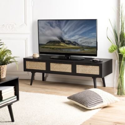 Meuble TV en bois 3 tiroirs cannage noir