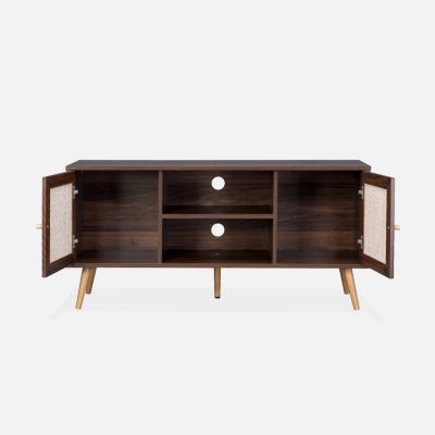 Meuble TV en cannage 120x39x56.5cm -  Bohème - couleur bois foncé. 2 niveaux. 2 étagères. 2 portes. pieds scandinaves