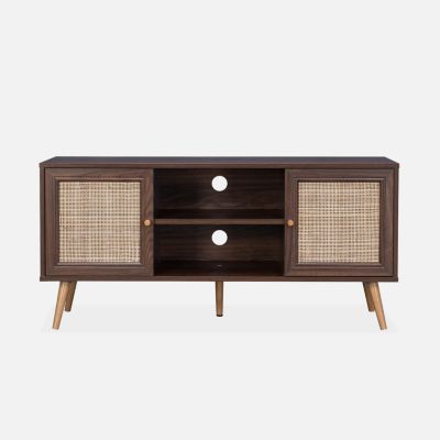 Meuble TV en cannage 120x39x56.5cm -  Bohème - couleur bois foncé. 2 niveaux. 2 étagères. 2 portes. pieds scandinaves