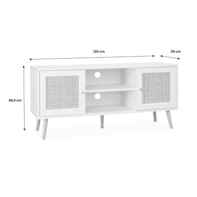 Meuble TV en cannage 120x39x56.5cm -  Bohème - couleur bois foncé. 2 niveaux. 2 étagères. 2 portes. pieds scandinaves