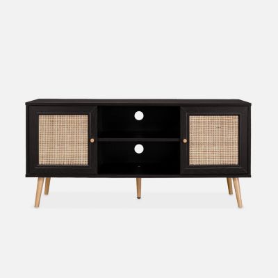 Meuble TV en cannage 120x39x56.5cm -  Bohème - Noir. 2 niveaux. 2 étagères. 2 portes. pieds scandinaves