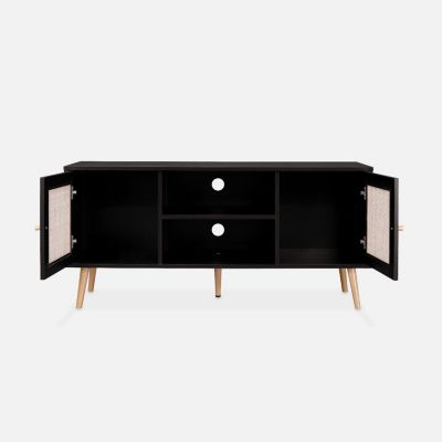 Meuble TV en cannage 120x39x56.5cm -  Bohème - Noir. 2 niveaux. 2 étagères. 2 portes. pieds scandinaves