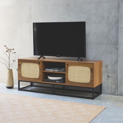 Meuble TV en décor bois et cannage arrondi 140cm. piètement et poignées en métal noir