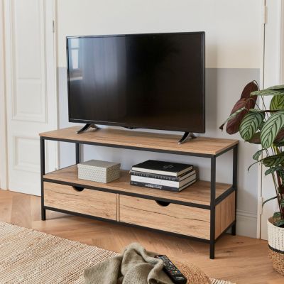 Meuble TV en décor bois et métal noir 120x39x57cm - Loft - avec 2 tiroirs