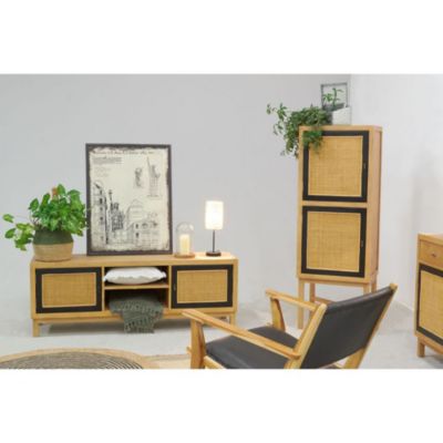 Meuble TV en manguier et cannage