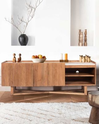 Meuble TV en Mindy massif et marbre blanc 175 cm - Uniqka