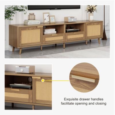 Meuble TV en rotin, Banc TV avec Pieds en Bois Massif,pour Salon, Salle à Manger Chambre Rangement Pratique Brun Clair 200x37x49cm