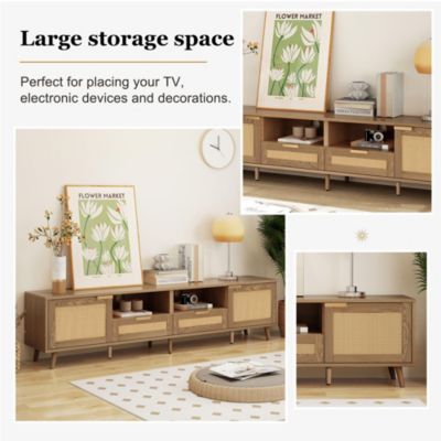 Meuble TV en rotin, Banc TV avec Pieds en Bois Massif,pour Salon, Salle à Manger Chambre Rangement Pratique Brun Clair 200x37x49cm