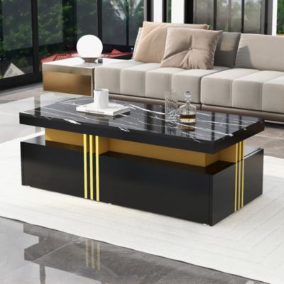 Meuble TV et Table Basse - Ensemble design Moderne Effet Marbre avec 3 et 2 Tiroirs - Panneau de Particules, Noir
