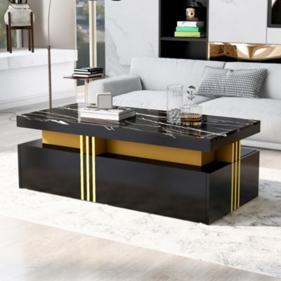 Meuble TV et Table Basse - Ensemble design Moderne Effet Marbre avec 3 et 2 Tiroirs - Panneau de Particules, Noir