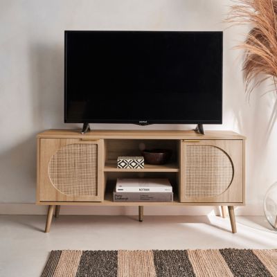 Meuble TV. Eva. décor bois et cannage arrondi 2 portes. 1 étagère L120 x l39 x H56.5cm