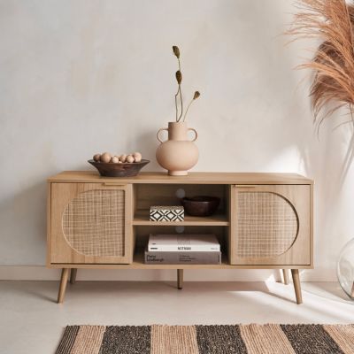 Meuble TV. Eva. décor bois et cannage arrondi 2 portes. 1 étagère L120 x l39 x H56.5cm