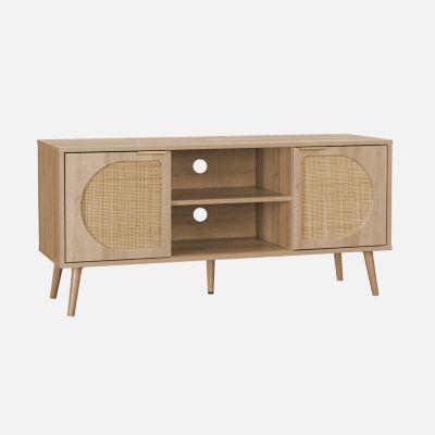 Meuble TV. Eva. décor bois et cannage arrondi 2 portes. 1 étagère L120 x l39 x H56.5cm