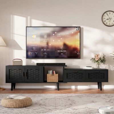 Meuble TV extensible 146-180cm cannage rotin noir, rangement intégré, compatible TV 75 pouces